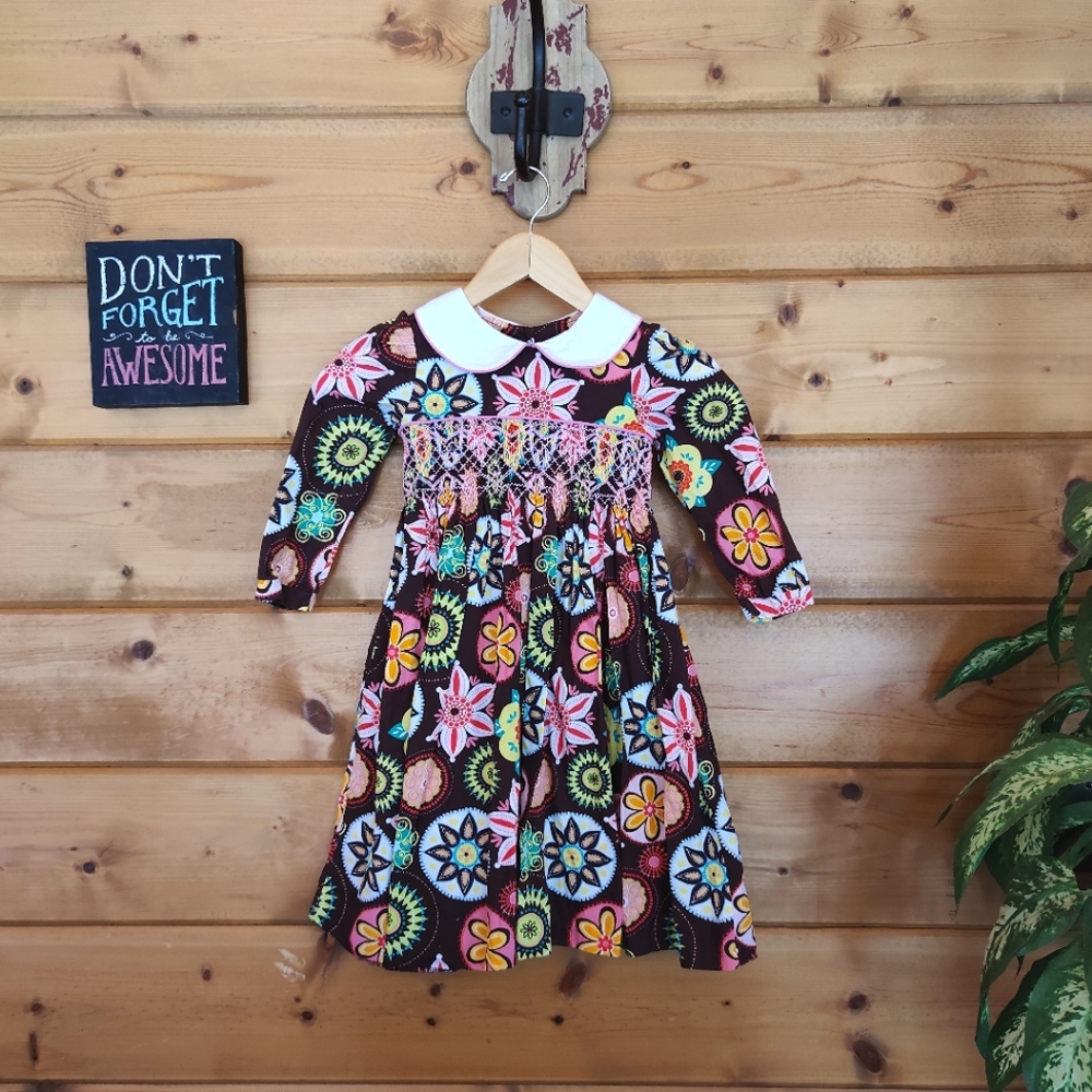 Marmellata 💜Classics Hand Smocked Geo Floral Dress Pleated Collared Preppy Sz 4